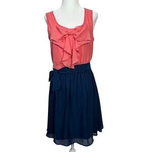 A. Byer Pink & Navy Bow Front Dress – Sleeveless Chiffon Fit & Flare Size M